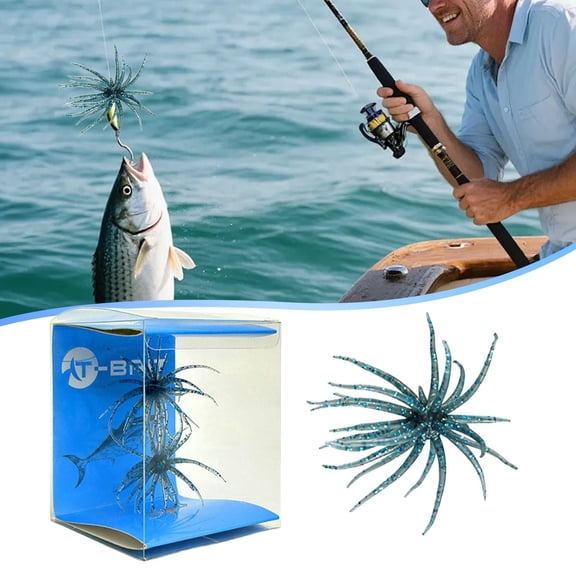 2PCS Coike Sea Urchin Bait, Realistic Fuzzy Dice Fishing Lure for Bass & Perch, Floating Tpr Swimbait With Reflective Stars, Artificial Worm Bait for Saltwater & Freshwater,Blue(2.75Inch)