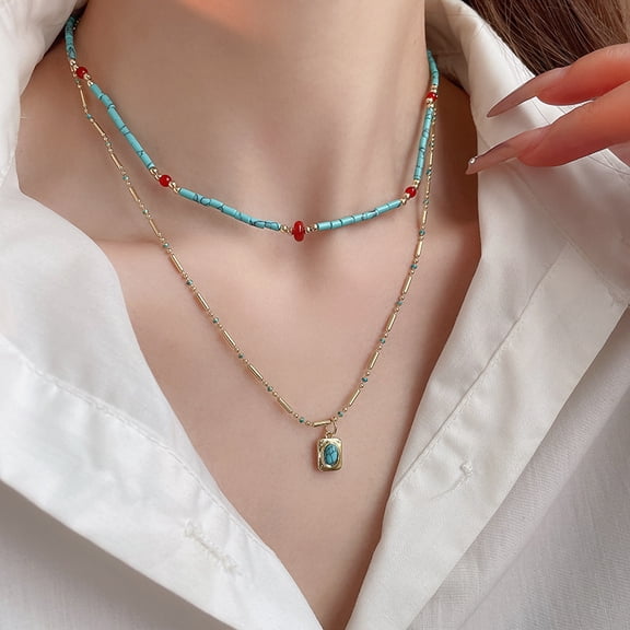 2PCS Colored Bead Necklace Crystal Necklace Pearl Green Opal Necklace Gemstone Necklace Party Jewelry Gift, colour