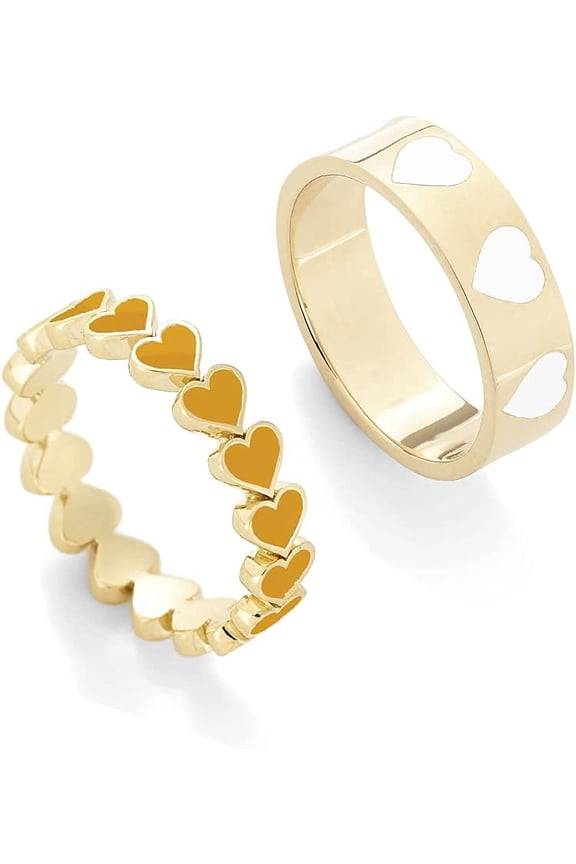 2PCS Colorful Love Heart Couple Stackable Ring Enamel Band Knuckle Finger Rings Set for Women Lover Wedding Punk Promise Jewelry