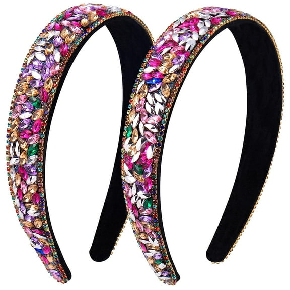 2PCS Colorful Rhinestone Headband for Women, 1inch Wide Vintage Girls' Headbands, Fashion Crystal Headband, Jeweled Headbands, Diamond Padded Hair Accessories for Parties, Festivals