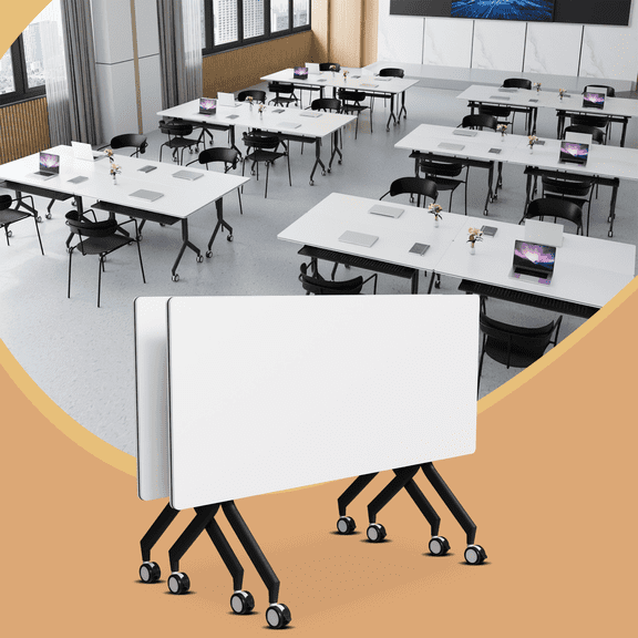2PCS Conference Room Tables,55.1IN Folding Conference Table with Wheels,White Modular Conference Table,Rectangular Meeting Table for Office School Classroom Library Home
