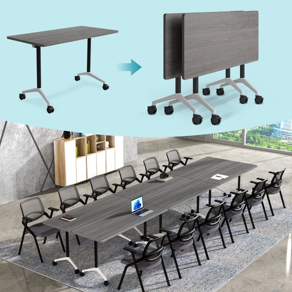 2PCS Conference Table with Wheels, 61“ Folding Conference Table, Flip Top Nesting Training Table, Large Mobile Meeting Tables for Office