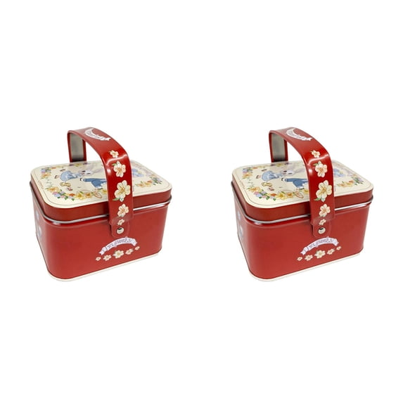 2PCS Cookie Tin Cute Print Strawberry Candy Tin Box Red Cookie Containers Empty Metal Tins Box with Handle Rectangle Biscuit Storage Tin Can Goody Treat Tin for Christmas Wedding Baby Party Favor