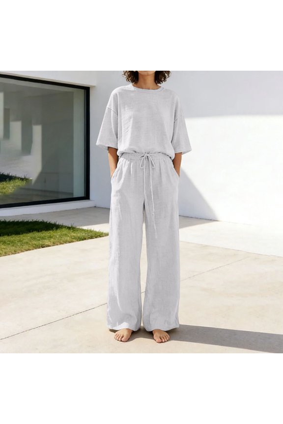 2PCS Coordinate Sets of Women Pants, Short Sleeve Women Tops Clothes, Fashion Pants with Pocket, Casaul Women Outfits for Indoor Outdoor Gray Size: M