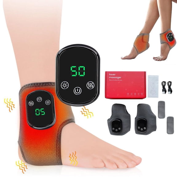 2PCS Cordless Ankle Massager with Heat, Portable Foot Heating Pad with 5 Levels & 3 Vibration Modes for Circulation, Rechargeable Heating Wrap with Extension Strap for Home Office Tra