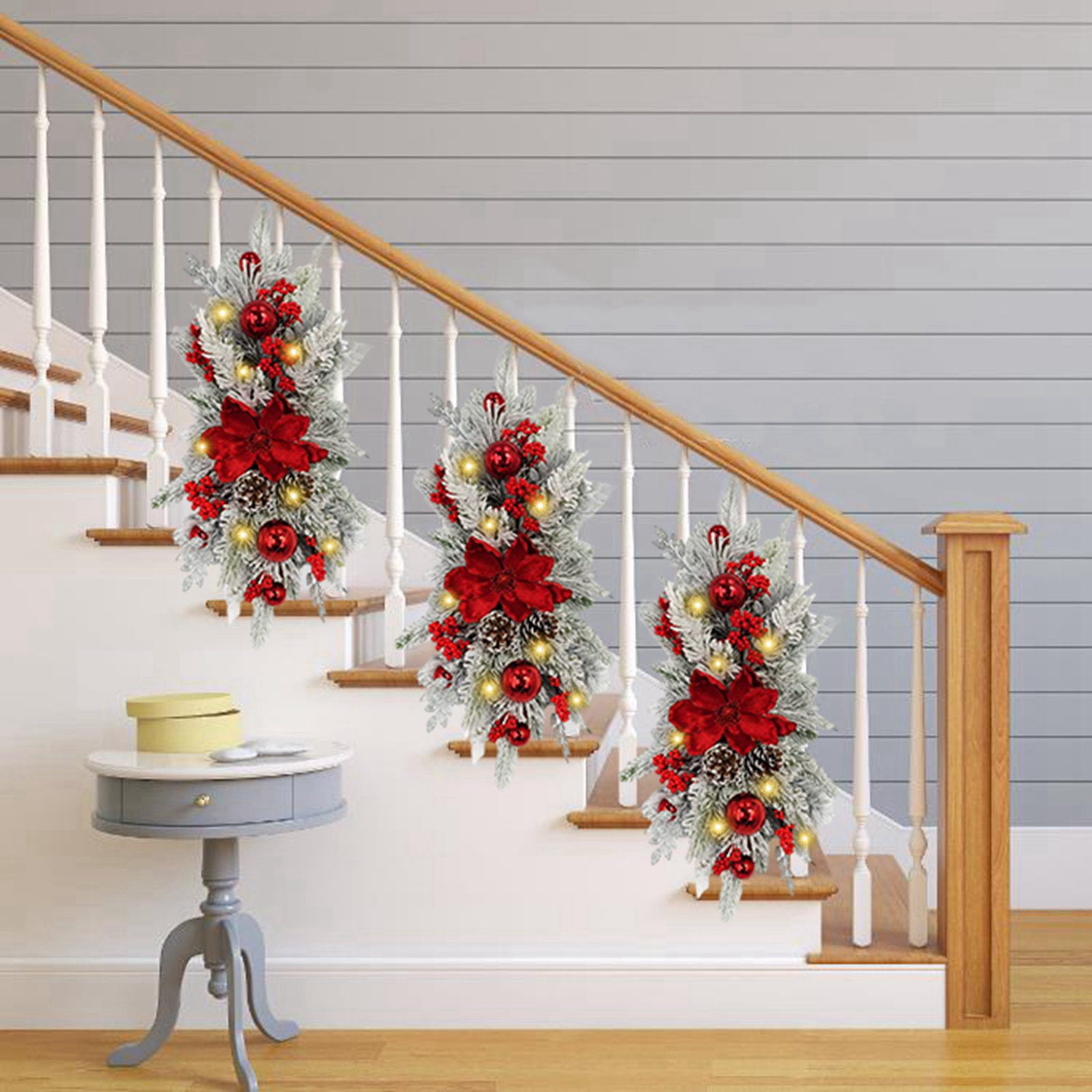 2 Goldene Weihnachtsgirlanden Mit Lichtern – Je Ca. 60 Cm, Mit Roten Schleifen & Beeren, Für Tür, Treppe & Fensterdekoration