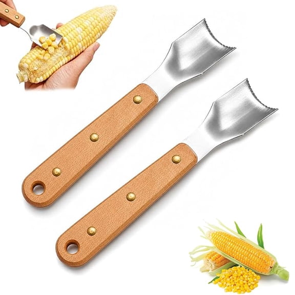 2PCS Corn Cob Peeler, Stainless Steel Serrated blade Corn Stripping Tool | Easy Clean Corn Cob Stripper with Wooden Handle