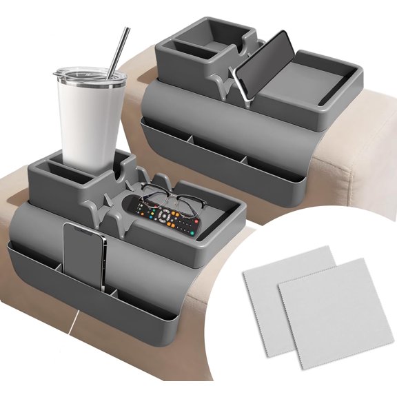 2PCS Couch Cup Holder Tray, Silicone Sofa Armrest Tray with Side Pockets, Anti-Slip Arm Organizer Storage for Cell-Phone Tablet or Snack Remotes (Gray)
