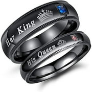 YAZI 2PCS Couple's Matching Promise Ring "His Queen" or "Her King", His or Her Matching Wedding Band in Stainless Steel, for Men or Women, Milgrain Edge, Comfort Fit