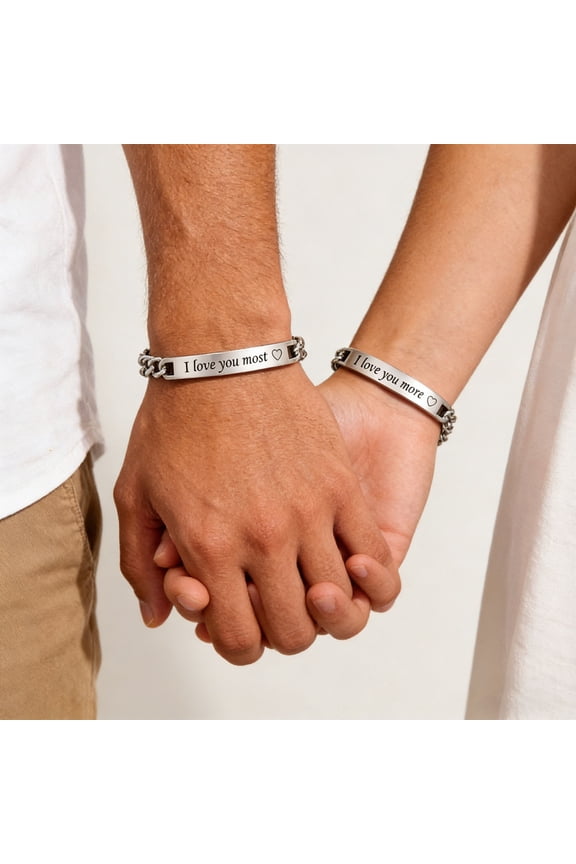 2PCS Couples Bracelet Engraved Always Forever 14K White Gold Lovers Bangles Valentines Day Gift for Wife Husband Boyfriend GF