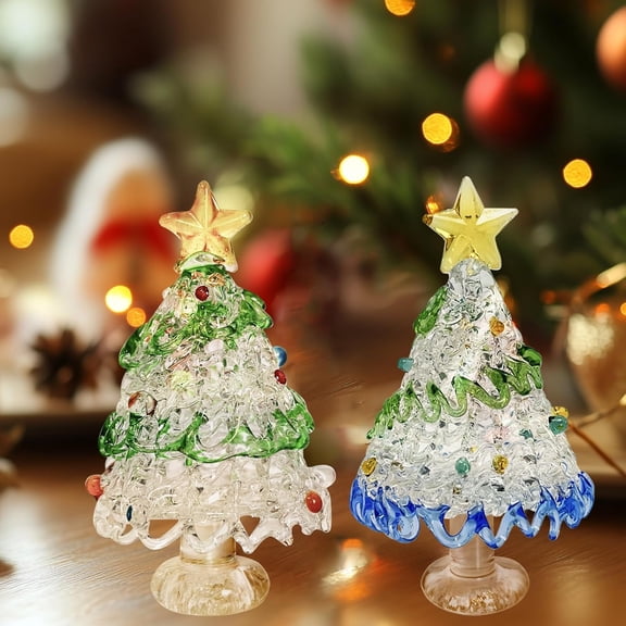 2PCS Crystal Christmas Tree Figurine Set, Mini Artificial Glass Tree, Miniature Green Clear Trees Tabletop Ornaments Centerpieces, Festival Gifts for Christmas Home Holiday Party Craft Decor