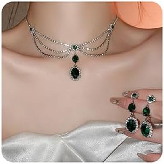 2PCS Crystal Green Sparkly Bride Necklace Earrings Set Green Rhinestone Teardrop Long Tassel Layered Necklace Dangle Earrings Set Crystal Choker Necklace Christmas Party Costume Accessories