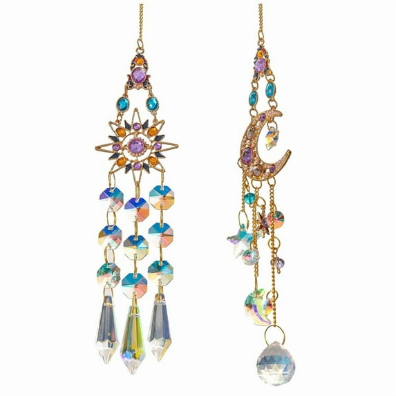 2PCS Crystal Pendant Sun Moon Window Prisms Rainbow Vintage Wind Chimes Hanging Light Catcher Garden Decor