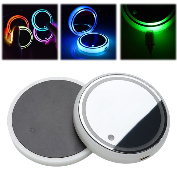 2PCS Custom LED Car Cup Holder Coasters, Personalised Logo Light Up Car Coasters, Rechargeable Waterproof Acrylic Cup Holder Lights with Smart Sensor & 7 Colours Ambient Lighting