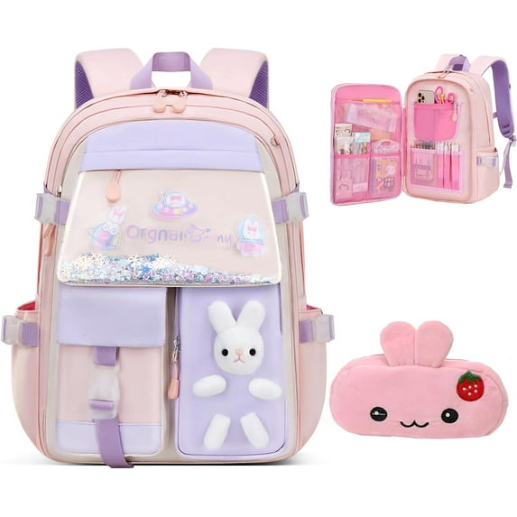 2PCS Cute Bunny Backpack,Kawaii Backpack Set with Pen Bag, Aesthetic Student Book Bags with Beaded Quicksand & Rabbit Doll(Purple,15.7in)