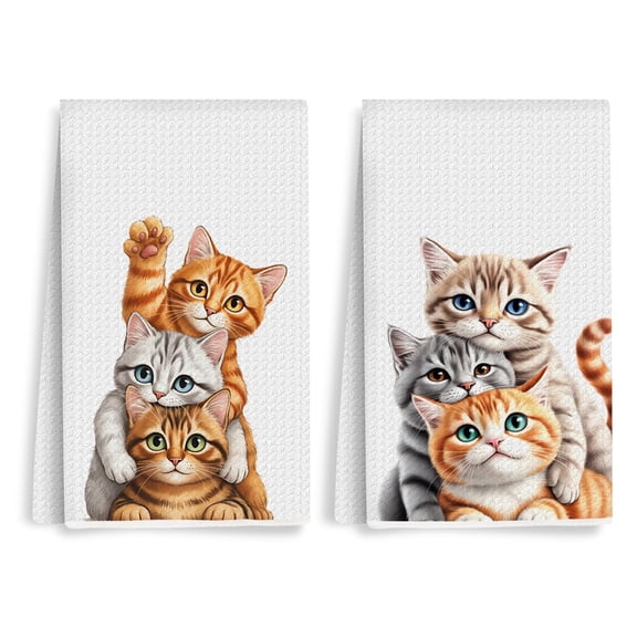 2PCS Cute Cat Kitchen Towels, Cats Paw Print Themed Gifts Reusable Absorbent Waffle Weave Dish Tea Towels for Cleaning Cooking, Cat Lovers Gifts for Women Microfiber Kitchen Towel, Housewarming Gift