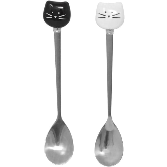 2PCS Cute Cat Spoon Set - Stainless Steel Tea, Coffee & Sugar Spoons for Cat Mug, Black and White