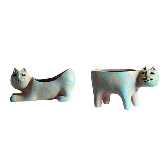 2PCS Cute Cat Plant Pot Vase Cartoon Animal Ceramic Flower Pot Simulation Cactus Flower Pot