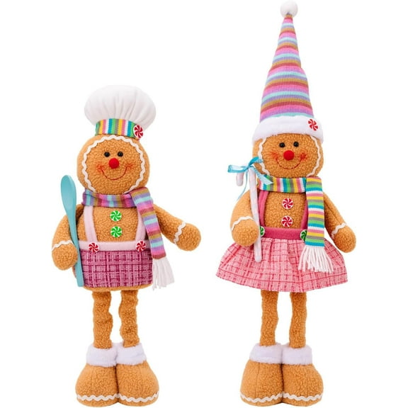 2PCS Cute Christmas Gingerbread Man Figures with Adjustable Legs - Gingerbread with Hat Table & Fireplace Decor - Holiday Figurines Plush Centerpieces