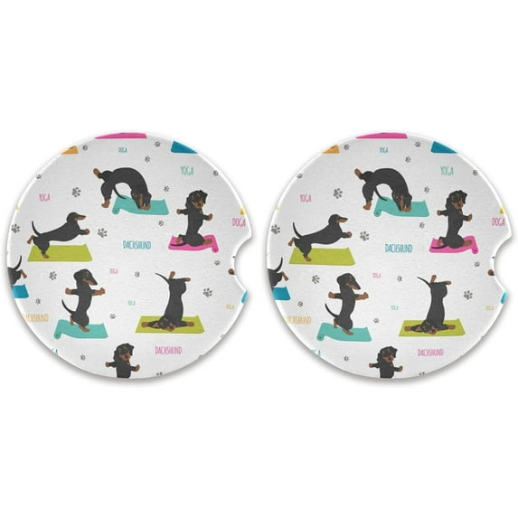 2PCS Cute Dogs Dachshunds Car Coasters for Drinks Absorbent Drink Coaster for Cup Holders Ceramic Coaster with Fingertip Grip Non-Scratch Cork Base Home Decor Gifts