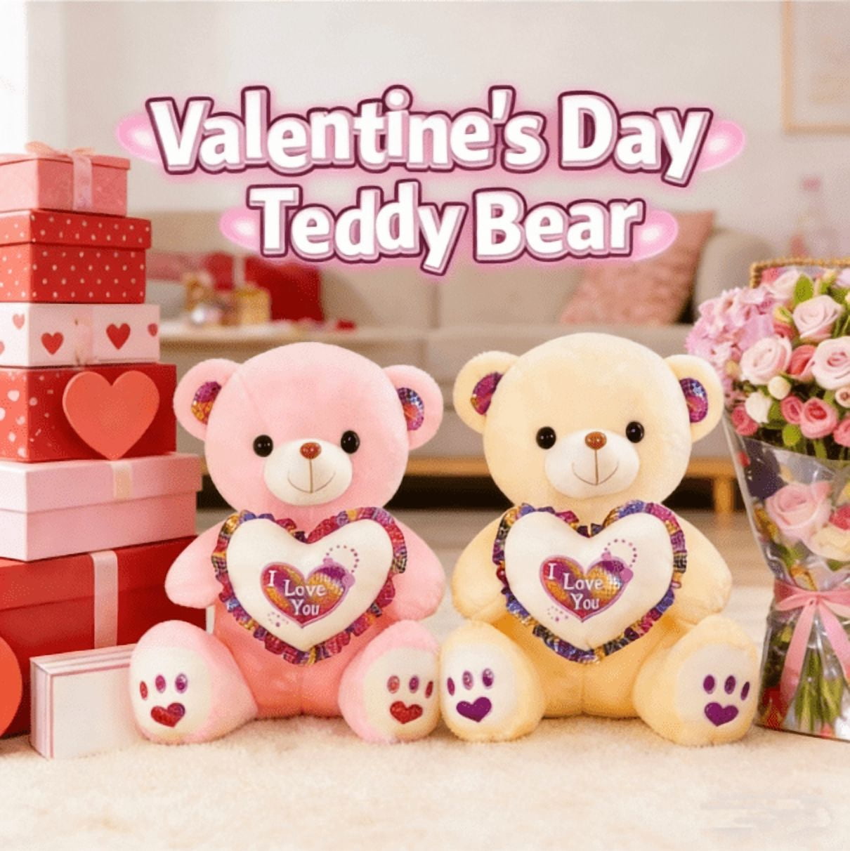 2PCS Cute Plush Teddy Bear with Heart Stuffed Doll - Soft Heart-Holding ...