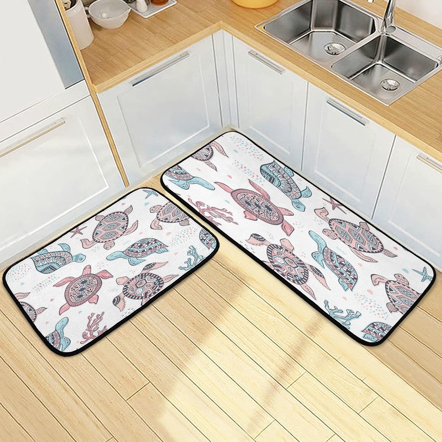 2PCS Cute Sea Turtles Coral Reefs Kitchen Rug and Mat Underwater Scene