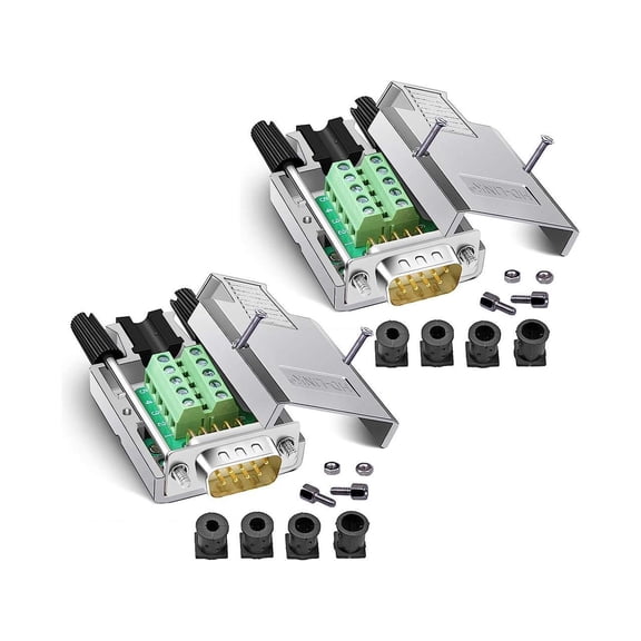2PCS DB9 Breakout Connector, Solderfree Metal Shell RS232 D-SUB Serial to 9-Pin Port Terminal Male Adapter Connector Breakout Board with Case