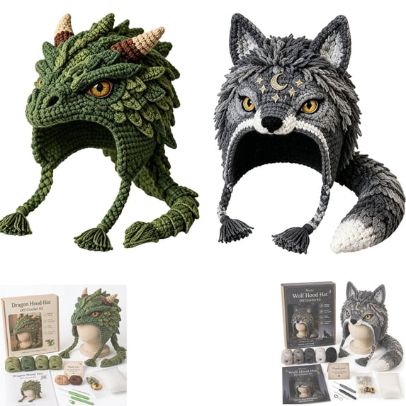 2PCS DIY Crochet Animal Hat Kit for Beginners, Animal Crochet Kit with Plush Yarn Accessories, Wearable Animal Costume Headwear Craft Set for Adults Novelty Craft Gift