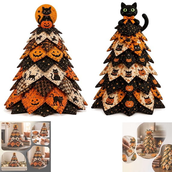 2PCS DIY Halloween Quilted Fabric Tree Kit - 3D Layered Fabric Tree Quilting Sewing Art Craft kit - Handmade Halloween Holiday Tree for Home Decor