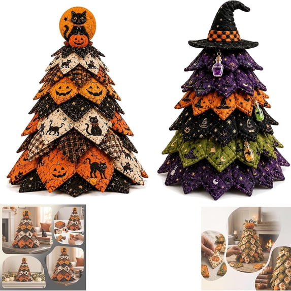 2PCS DIY Halloween Quilted Fabric Tree Kit - 3D Layered Fabric Tree Quilting Sewing Art Craft kit - Handmade Halloween Holiday Tree for Home Decor