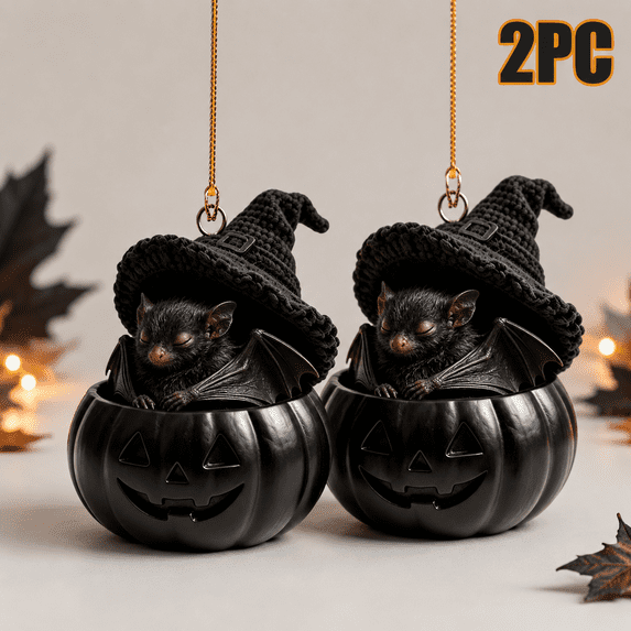 2PCS DONGHEHH Halloween Bat Pumpkin Hanging Ornaments, Sleeping Black Bat Resin Decor with Witch Hat for Halloween Tree, Window, Shelf and Mantel
