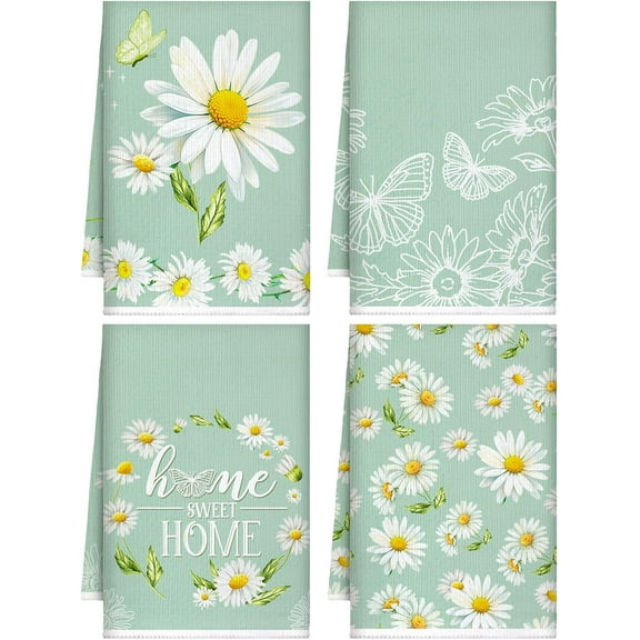 2PCS Daisy Kitchen Dish Towels Farmhouse Flower Hand Tea Absorbent Green and White Towels for Kitchen Cooking Home Cleaning Decor, Random Pattern, Test Your Luck
