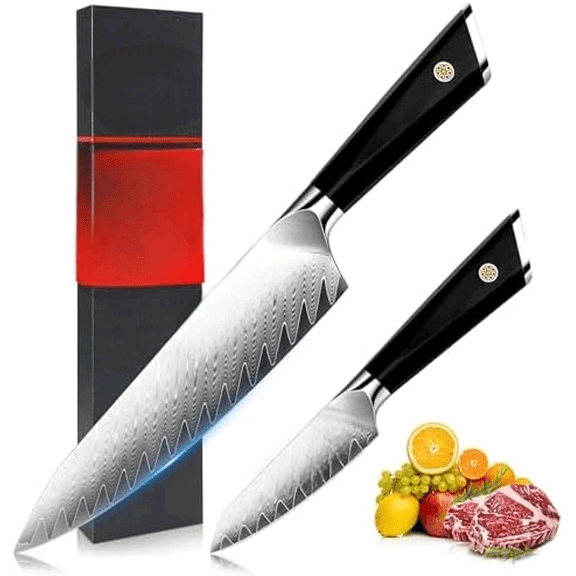 2PCS Damascus Chef Knife Set,Japanese Steel Kitchen Knife Set, Professional Kitchen Utility Knives Set High Carbon Super Sharp, 67-Layer Damascus Steel Cooking Knife Set with G10 Handle