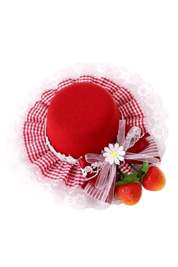 2PCS Delicate Bow Plaids Strawberry Side Clip Top Hat for Sweet Girls Lace Strawberry Bowler Hat