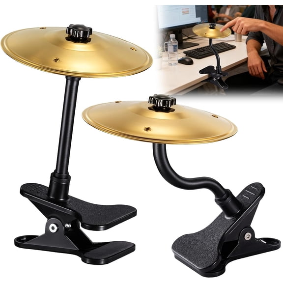 2PCS Desktop Crash Cymbal with Clamp Mount, Desk Symbol Drum for Desk Edge, Easy Install, Fun Desk Accessory for Drummers & Music Lovers, Cool Tabletop Accessories for Entertainment - Silver