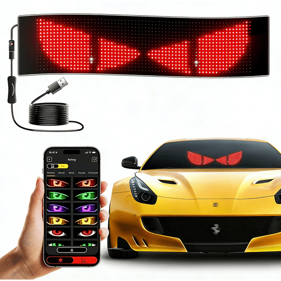 1PC Devil Eye Lights for Car - LED Eyes for car Windshield, 14.7"x 3.6" Animated LED Matrix Panel Sign, Flexible Programmable Digital Display for Car Window