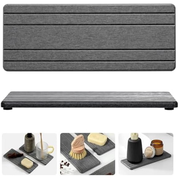 2PCS Diatomite Quick Stone Drying Tray Mat For Bathroom & Kitchen Counter, Instant Dry Water Absorbent Drink Bar Coaster,Vanity Sink Caddy Organizer,Dish Soap Sponge Holder, Dark Gray,9"x3.5"