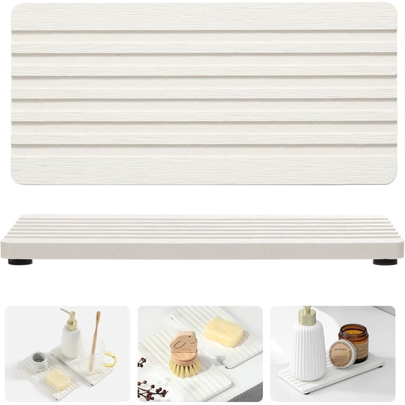 2PCS Diatomite Quick Stone Drying Tray Mat for Bathroom & Kitchen Counter, Instant Dry Water Absorbent Drink Bar Coasters,Vanity Sink Caddy Organizer,Dish Soap Sponge Holder, Ivory,8"x3.8"
