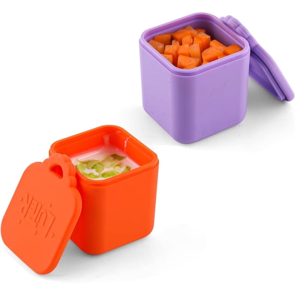 2PCS Dip Containers Compatible with OmieBox, 4oz Silicone Salad Dressing Container To Go for Most Bento Lunch Box Condiment Dipping Sauce Cups with Lids for School Picnic Travel (Orange, Purple)