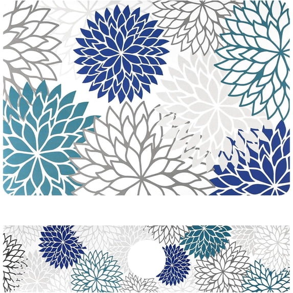 2PCS Dish Drying Mats for Kitchen Counter, 12"x20" Absorbent Coffee Bar Mat with Blue Floral Pattern & Kitchen Sink Splash Guard for Coffee Maker Coffee Pot Espresso Machine Dining Room Decoration