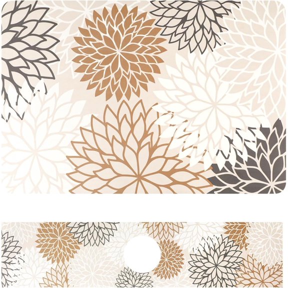 2PCS Dish Drying Mats for Kitchen Counter, 12"x20" Absorbent Coffee Bar Mat with Brown Floral Pattern & Kitchen Sink Splash Guard for Coffee Maker Coffee Pot Espresso Machine Dining Room Decoration