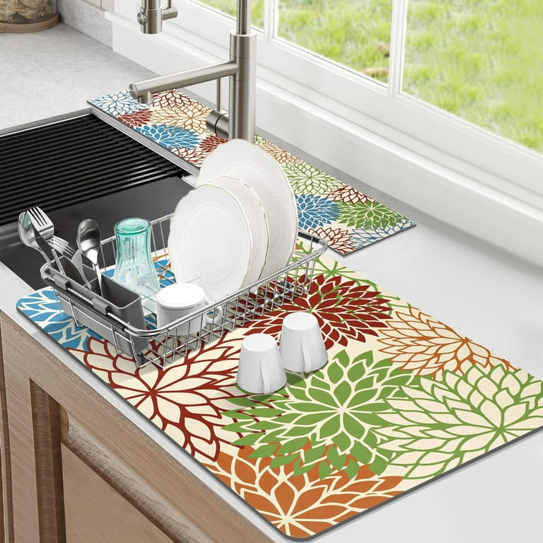 2PCS Dish Drying Mats for Kitchen Counter 16 x24 Absorbent Coffee Bar Mat with Color Floral Pattern Kitchen Sink Splash Guard for Coffee Maker Coffee Pot Espresso Machine Dining Room Decoration