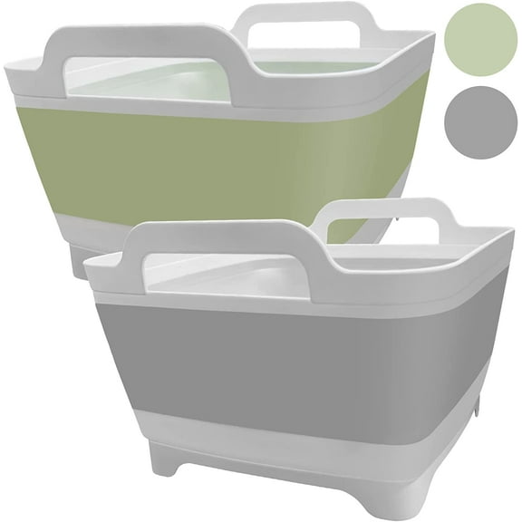2PCS Dishpan for Washing Dishes, 9L(2.4Gallon) Collapsible Wash Basin with Drain Plug Carry Handles, Collapsible Bucket for Cleaning, Vegetable Washing, RV(Green + Grey)