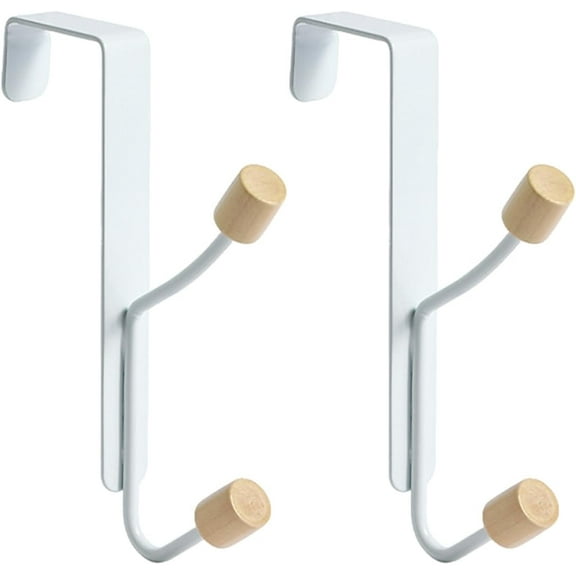 2PCS Door Mounted Wood Hooks, Bath Ball Hooks Bathroom Towel Hooks, No Drill Door Back Hanging Hooks Door Back Storage Rack Wall Mounted with 2 Wooden Hooks for Organizer