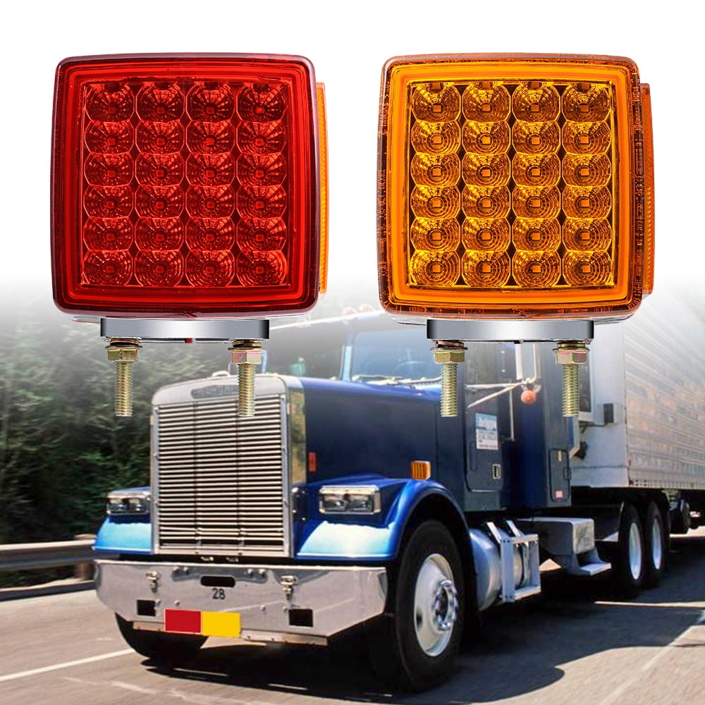 Wodvyss 2x Round Double Face Fender Turn Signal Lights 48 LEDs Single Stud Led Stop Marker Running Lights Pedestal Reflective Lamps Compatible With Kenworth/Peterbilt/Freightliner IP67 Amber/Red Lens
