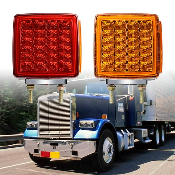2PCS Double Face Amber Red 51-LED 4" Square Pedestal Stud Mount Fender Stop Turn Signal Tail Lights For Trailer RV Semi Truck Tractor