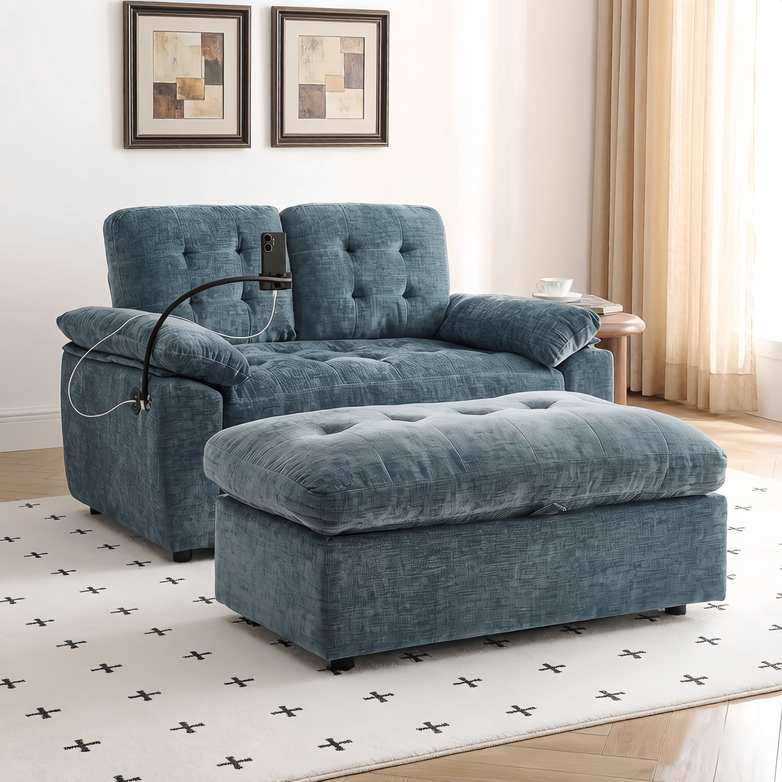 2PCS Double Leisure Sofa Chair w/ Storage Ottoman, Sofa Chaise Recliner w/ Adjustable Backrest, Padded Armchair Set w/ Phone Holder