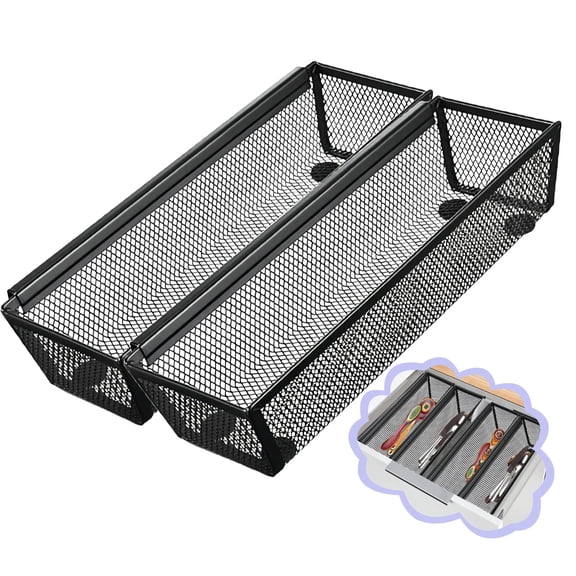2PCS Drawer Organizer for Kitchen,Utensil Mesh Drawer Organizer with Interlocking Arm for Cosmetic,Flatware,Pen (9 * 3 * 2 Inches,Black)