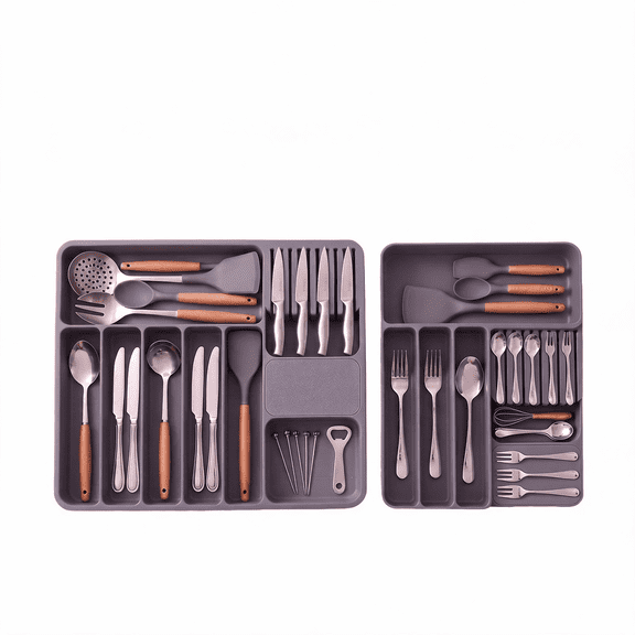 MYMULIKE 2 Pack Large & Small Grey Silicone Kitchen Drawer Organizer, Flexible Heat Resistant Utensil Storage Tray for Kitchen Drawer Cutlery Spatula Gadgets Storage