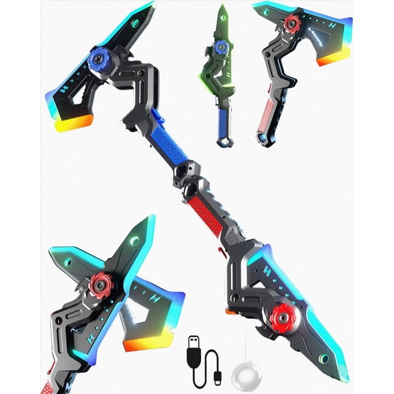 2PCS Dual Form Catapult Sword Axe, LED Light Up Flash Sword with Glowing Effect, Durable Plastic Handheld Light Toy Set for Indoor Play, Battery Powered Flashing Blade Ornament